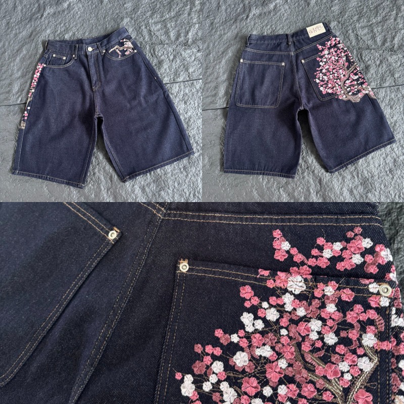 Embroidery Jeans Sakura - Men Women Dark Raw Denim Knee