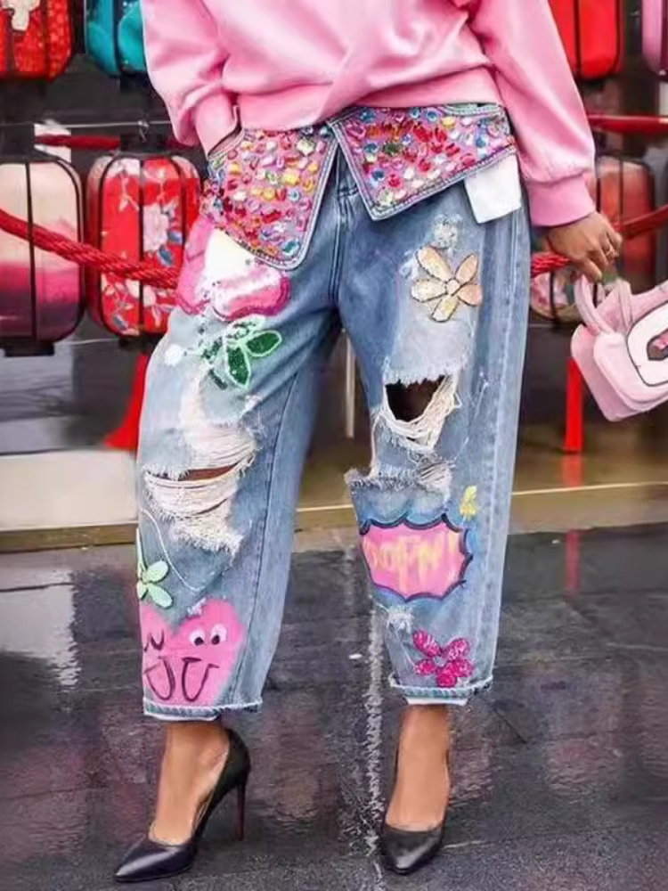 Chic Women Spring Floral Embro - Embroidery Jeans Sakura ulasan dan harga