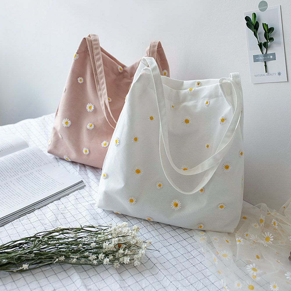 Women Canvas Bags Girls Shoppi - Embroidery Daisy Flower ulasan dan harga