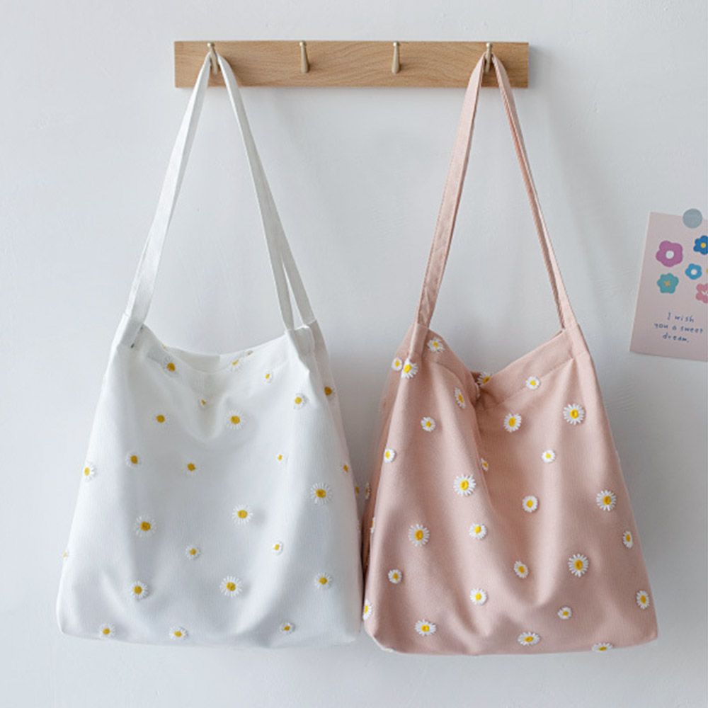 Women Canvas Bags Girls Shoppi - Embroidery Daisy Flower ulasan dan harga