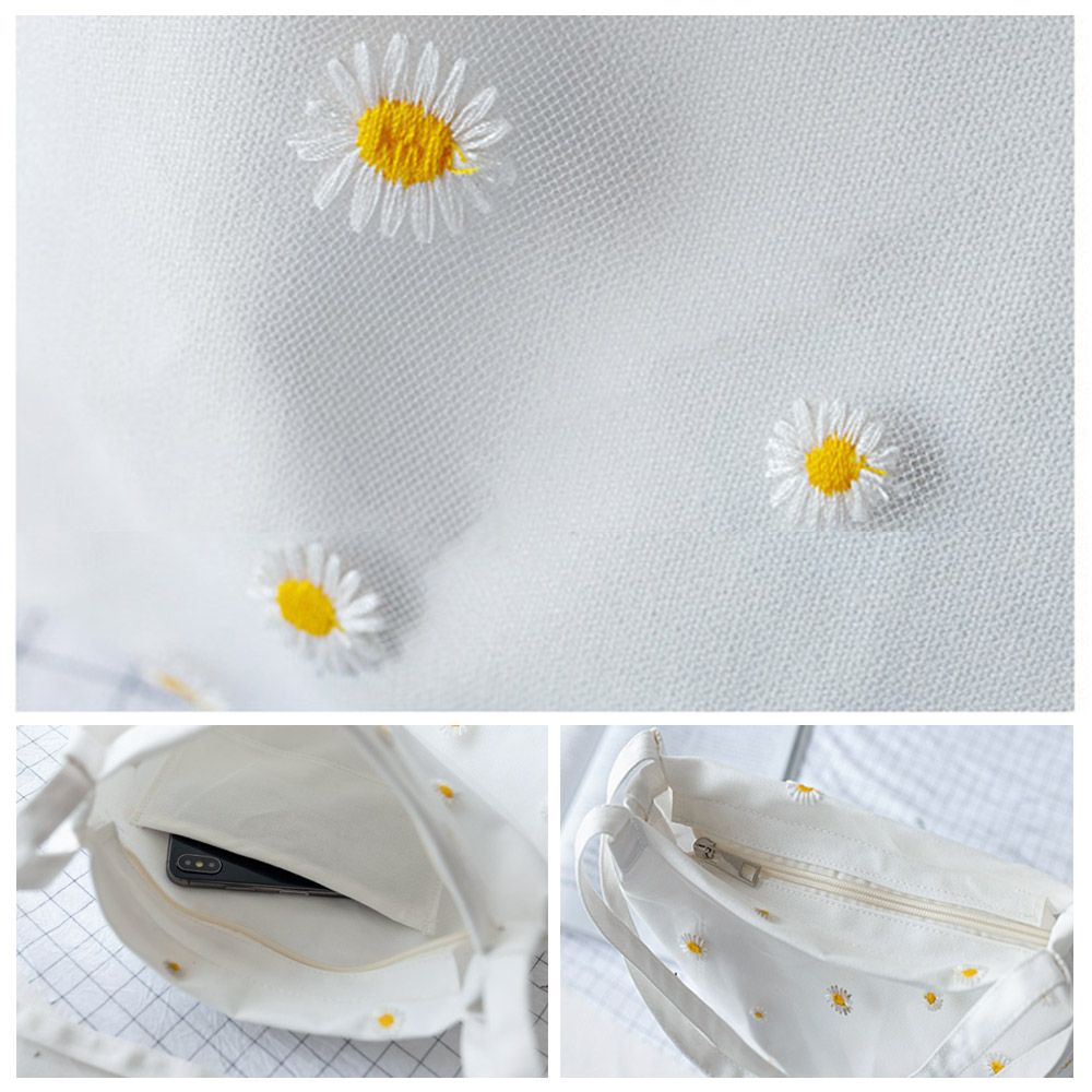 Women Canvas Bags Girls Shoppi - Embroidery Daisy Flower ulasan dan harga