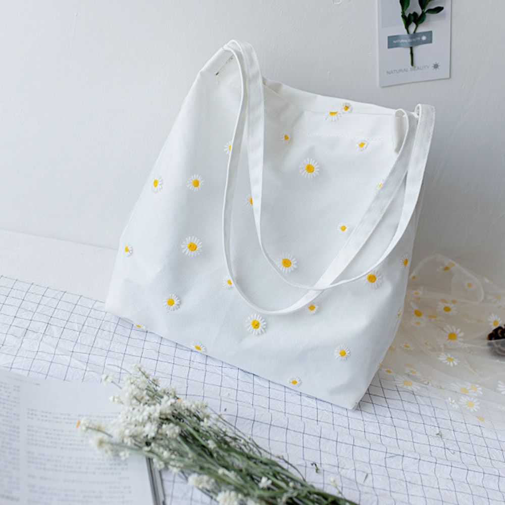 Women Canvas Bags Girls Shoppi - Embroidery Daisy Flower ulasan dan harga