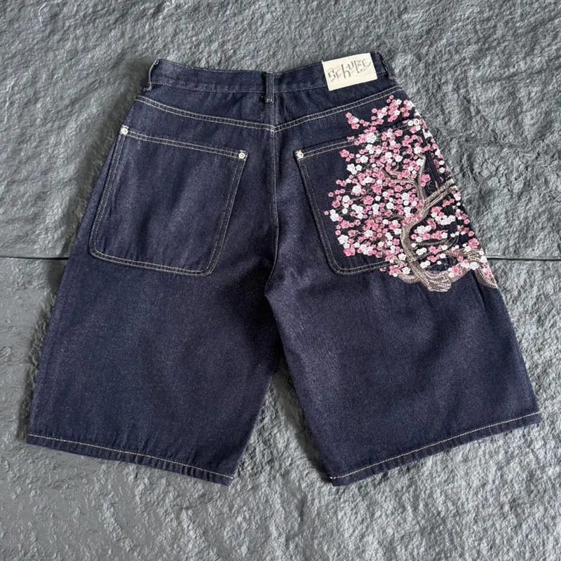 Men Women Dark Raw Denim Knee  - Embroidery Jeans Sakura ulasan dan harga