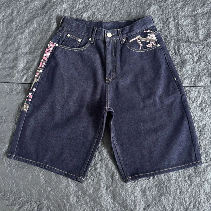 Men Women Dark Raw Denim Knee  - Embroidery Jeans Sakura ulasan dan harga