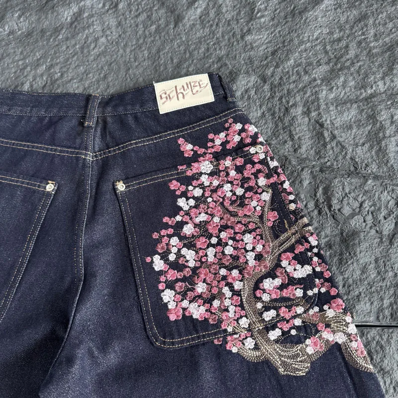 Men Women Dark Raw Denim Knee  - Embroidery Jeans Sakura ulasan dan harga