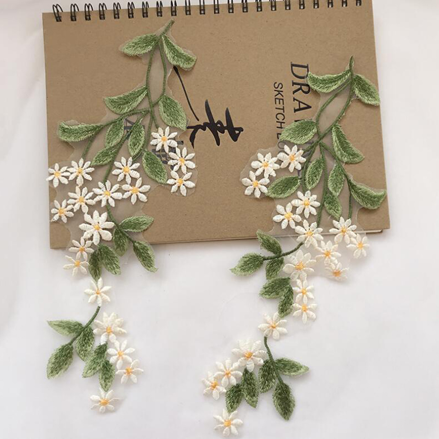 1Pairs Green Leaf Daisy Flower - Embroidery Daisy Flower ulasan dan harga