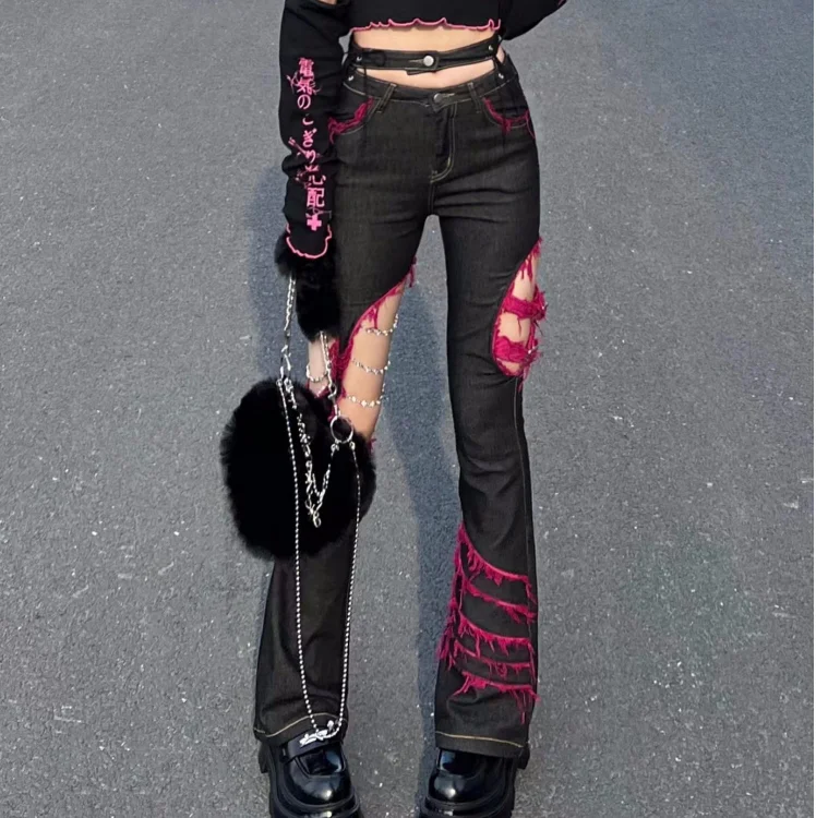 Japanese Punk Girl Black Jeans - Embroidery Jeans Sakura ulasan dan harga