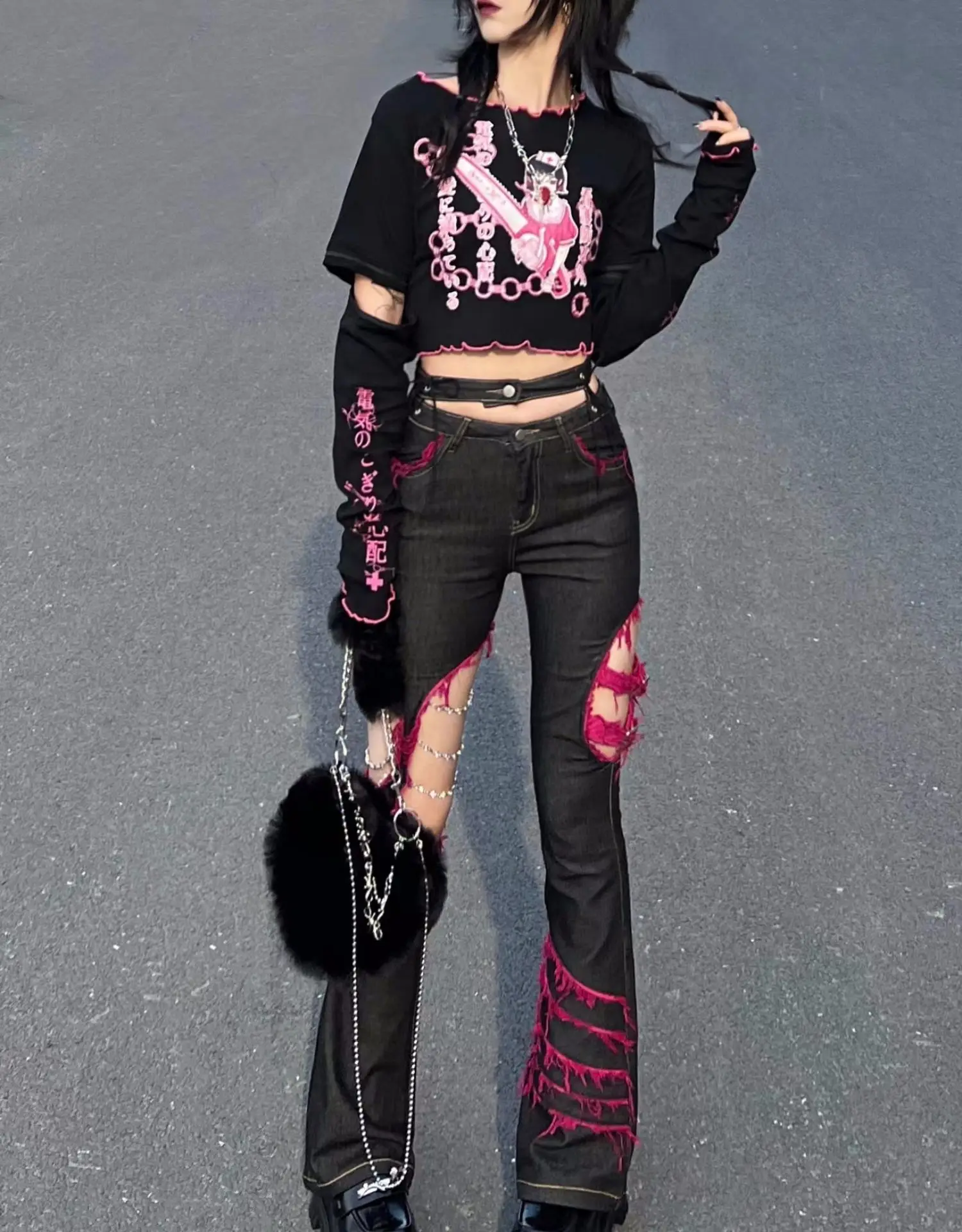 Japanese Punk Girl Black Jeans - Embroidery Jeans Sakura ulasan dan harga