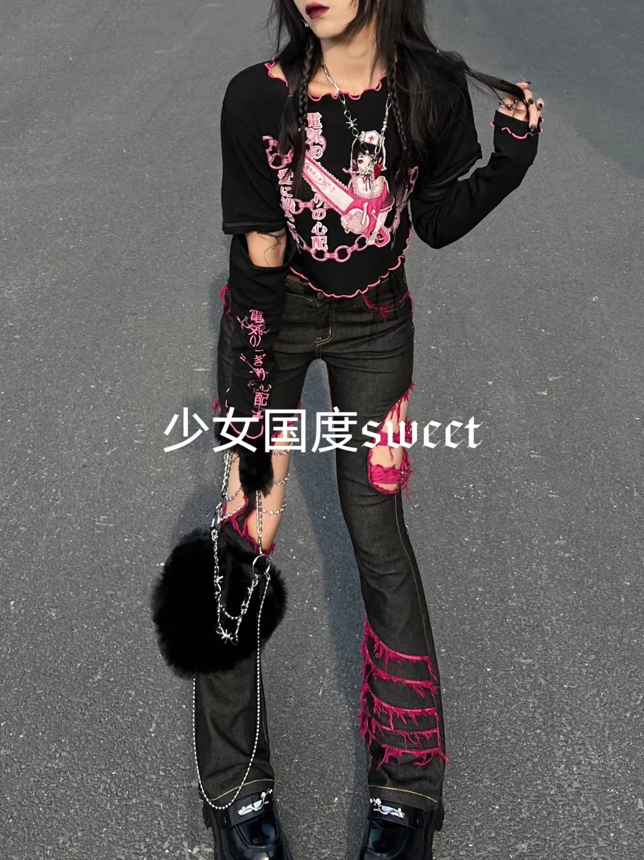 Japanese Punk Girl Black Jeans - Embroidery Jeans Sakura ulasan dan harga