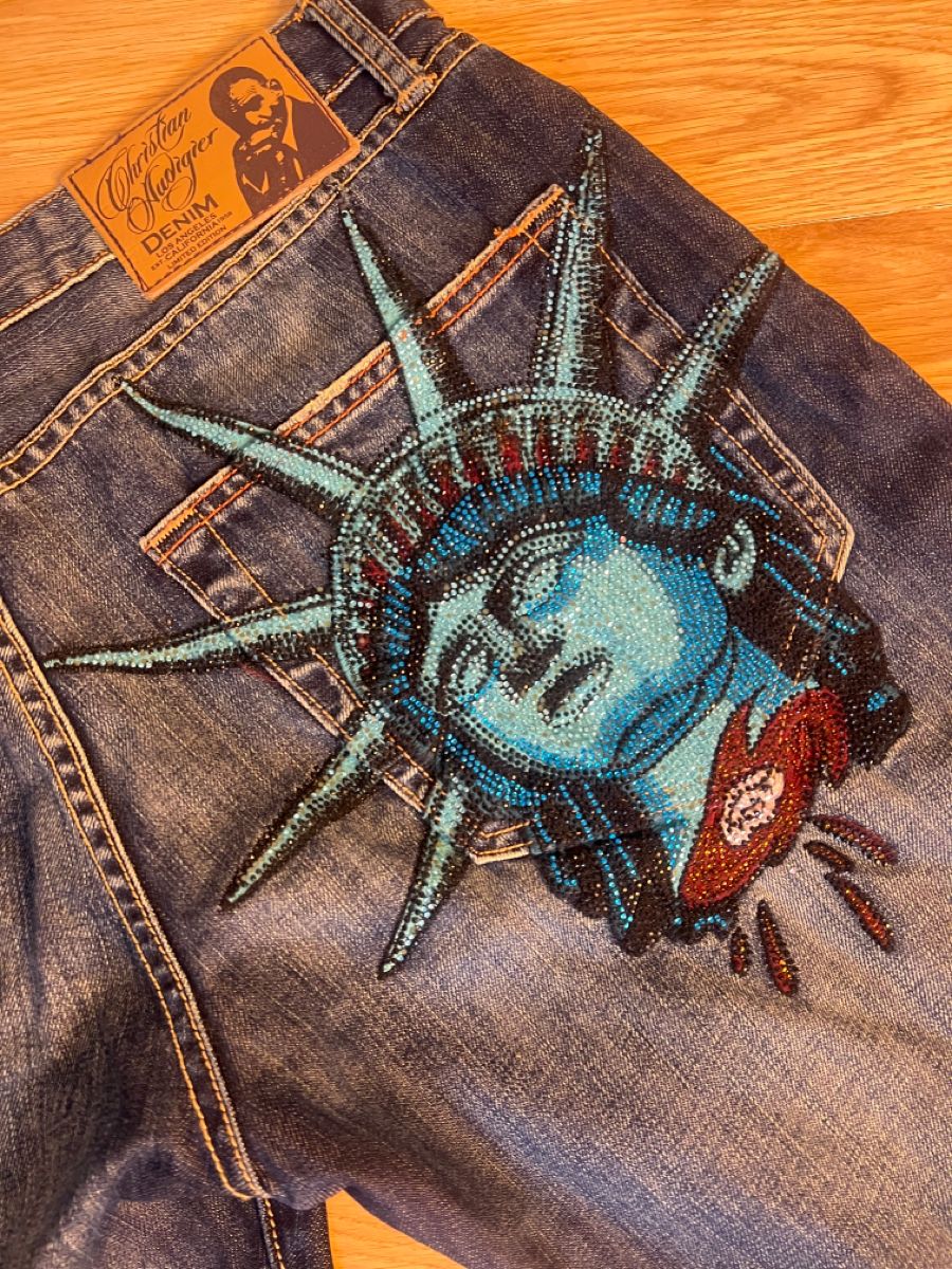 Y2k 2000s Statue of Liberty Di - Embroidery Jeans Sakura ulasan dan harga