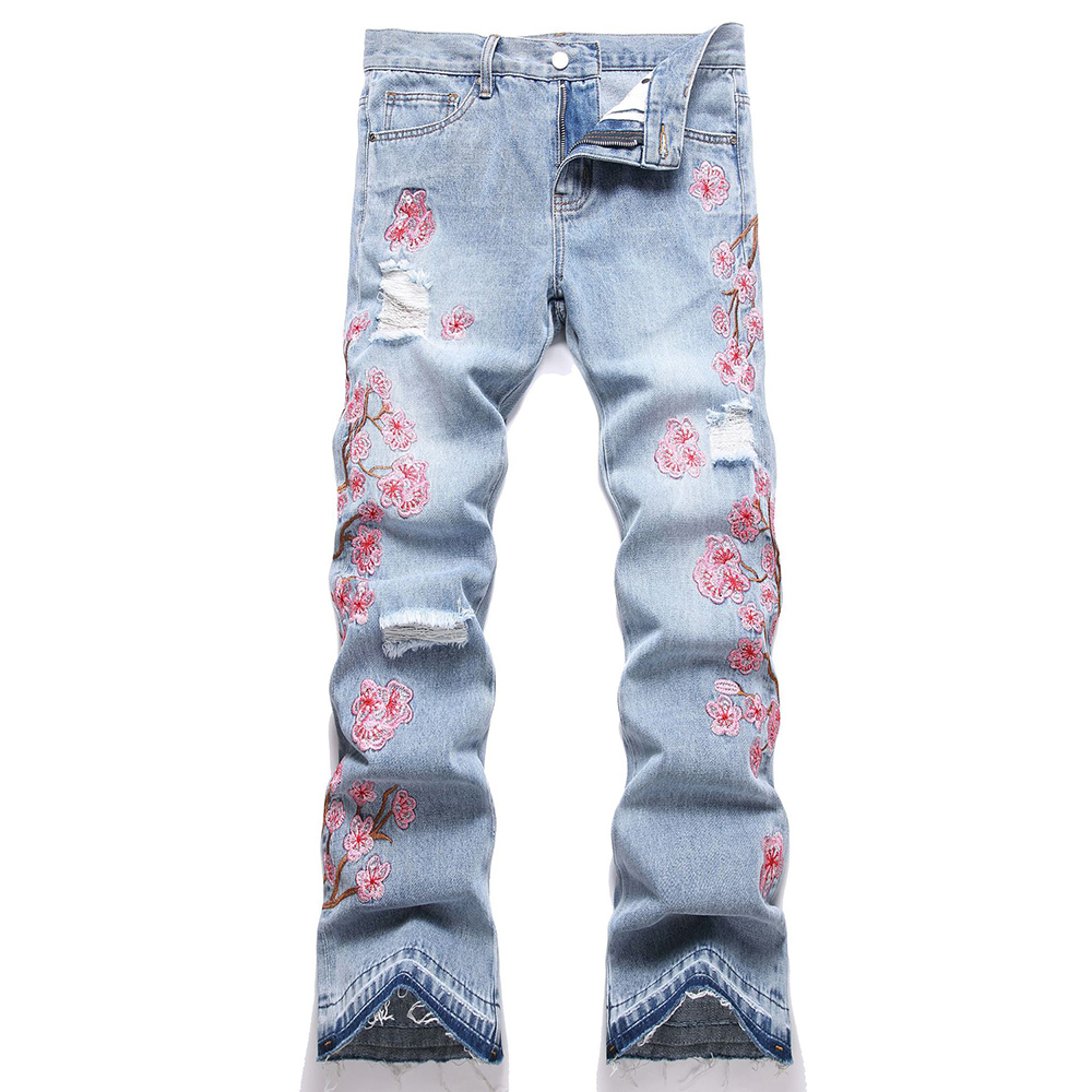 Men Flower Embroidery Denim Je - Embroidery Jeans Sakura ulasan dan harga