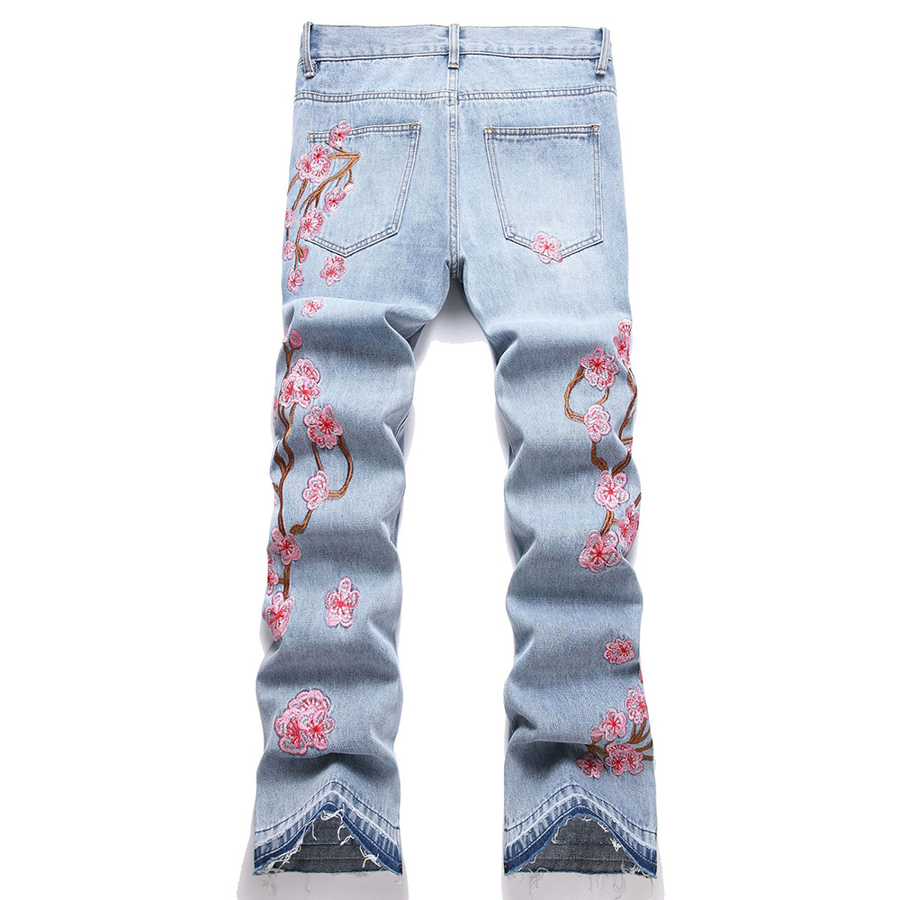 Men Flower Embroidery Denim Je - Embroidery Jeans Sakura ulasan dan harga