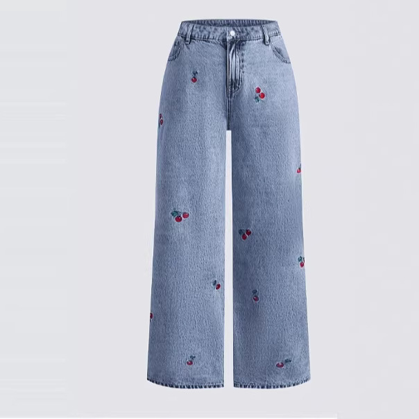 Retro Washed Denim Jeans Women - Embroidery Jeans Sakura ulasan dan harga