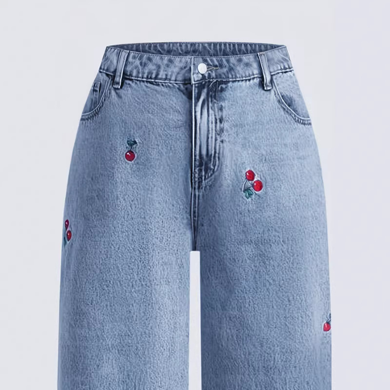 Retro Washed Denim Jeans Women - Embroidery Jeans Sakura ulasan dan harga